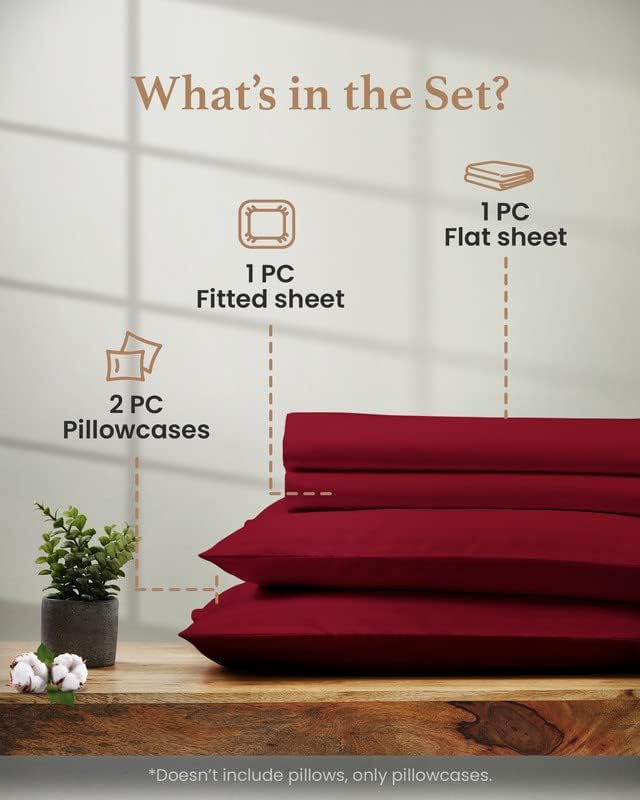 Good Sleep Bedding Egyptian Cotton - 1000 TC, 4 Pc Cooling Bed Sheets, Solid Sateen Weave, Ultra Soft 16" Deep Pocket, Burgundy Queen Sheets Set
