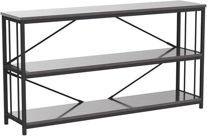 LVB Industrial Console Table, Metal and Wood Sofa Table, Rustic Entryway Table with Storage, Modern 3 Tier Shelf Long Foyer Tables Behind Couch for Home Living Room Hallway, Dark Gray Oak, 55 Inch