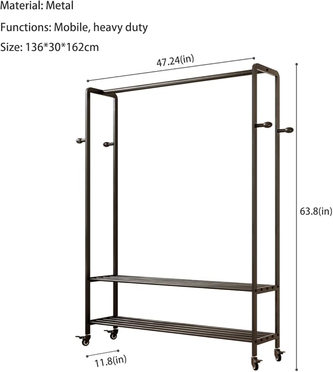 Rolling Clothes Rack, 47.2" Wide Metal Garment Rack,Heavy Duty Clothing Rack for Hanging Clothes with Wheels & bottom Shelves for Coats, Shirts, Dress