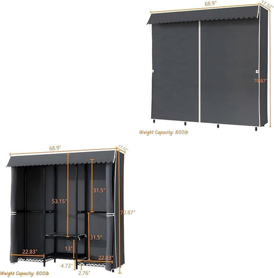 Heavy Duty Covered Clothes Rack Portable Closet Rack, Black Metal Clothing Rack with Grey Upgarded Polyester Cover, Adjustable Custom Freestanding Closet Wardrobe, Max Load 800LBS