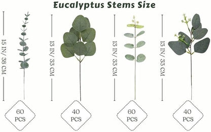 Eucalyptus Leaves Stems 200 PCS, 4 Kinds Mixed Artificial Greenery Stems for Wedding Decor Vase Floral Arrangement Centerpiece