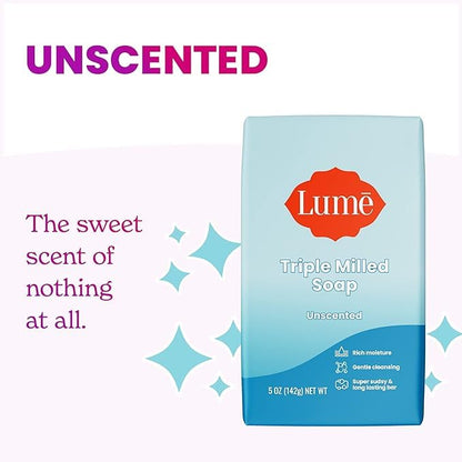 Lume Triple Milled Bar Soap - Rich Moisture & Gentle Cleansing - Formulated Without Parabens or Phthalates, Skin Loving - 5 ounce (Unscented)