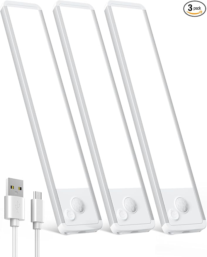 Under Cabinet Motion Sensor Lighting: 10 Inch Dimmable Rechargeable Lights Indoor - Battery Operated Lights - Undercabinet Closet Light Magnetic Led Light for Kitchen Home Bathroom Counter 3 Pack