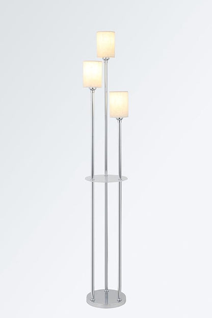 Floor Lamps for Living Room, 3-Lights Modern Floor Lamp with Shelves, Chrome Standing Lamp with Fabric Shade and Foot Switch, Shelf Standing Lamps with Table, Tall Lamps for Bedroom Office