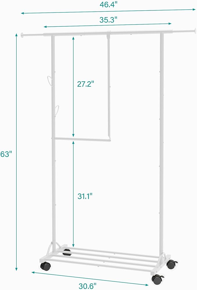 FAVOOSTY Clothing racks for hanging clothes with wheels, Adjustable Dismantle Double Rod, Heavy Duty Clothes Organizer Hanging, Pants Scarves Dress Suits, Multi-functional, Bedroom Studio White