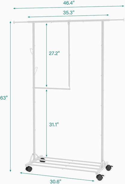 FAVOOSTY Clothing racks for hanging clothes with wheels, Adjustable Dismantle Double Rod, Heavy Duty Clothes Organizer Hanging, Pants Scarves Dress Suits, Multi-functional, Bedroom Studio White