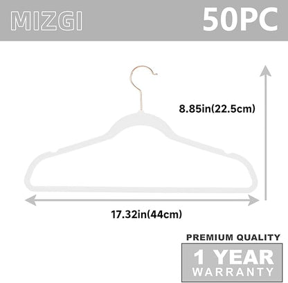 MIZGI Premium Velvet Hangers (50 Pack) Heavy Duty - Non Slip Felt Hangers - White - Rose Gold Swivel Hooks,Space Saving Clothes Hanger,Durable Strong Hanger for Suits,Coats,Dress