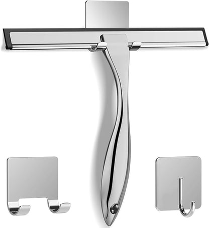 All-Purpose Stainless Steel Shower Squeegee for Shower Glass Door with 2 Adhesive Hooks, Bathroom Cleaner Tool Household Window Mirror Squeegee for Glass Doors, Cleaning Tile Wall, Car, 14 Inch Silver