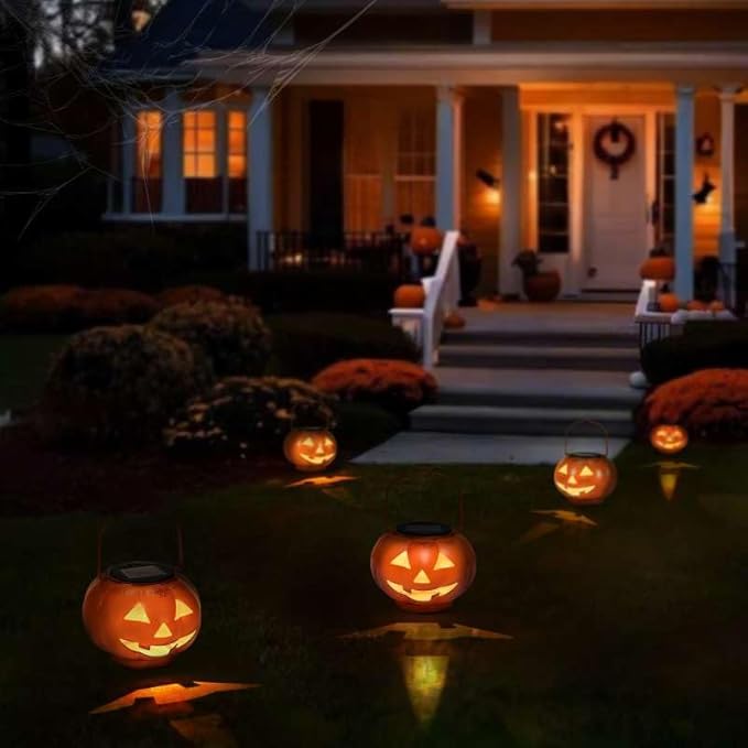Halloween Pumpkin Solar Lanterns - Jack O Lantern Hanging Solar Light Waterproof for Yard, Patio, Garden,Spooky Decor Halloween Party Decorations