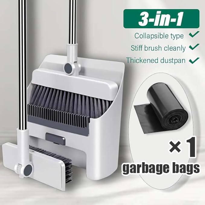3 in 1Broom and Dustpan Set with Garbage Bags, Broom Dust pan with Long Handle, for Home, Broom with Dustpan Combo Set, for Home Office School Dorm, Cleaning Supplies, Household Cleaning Gadgets