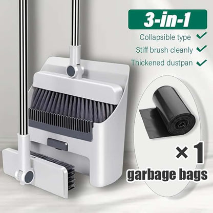 3 in 1Broom and Dustpan Set with Garbage Bags, Broom Dust pan with Long Handle, for Home, Broom with Dustpan Combo Set, for Home Office School Dorm, Cleaning Supplies, Household Cleaning Gadgets