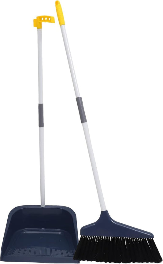 Broom and Dustpan Set Heavy Duty with Long Handle, Soft Bristle Broom and Large Dustpan for Home Cleaning, Pet Hair Removal, Indoor Floor Sweeping, White