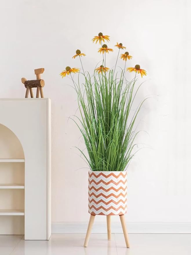 46" UV Resistant Artificial Grass Plant with 9 Realistic Yellow Echinacea Flowers - Indoor/Outdoor Fake Plants for Patio, Living Room, Porch Decor - All Weather Faux Floor Plant 2-Pack