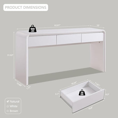 63'' Console Table with 3 Drawers, Modern Entryway Table with Curved Profile Design, Narrow Long Wood Sofa Table Behind Couch Table for Living Room, Hallway, Foyer, White