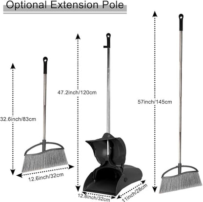 Long Handle Heavy Duty Broom and Dustpan Set, Outdoor and Commercial Upright Dustpan and Brush for Restaurant Garage Garden Yard Office,Black
