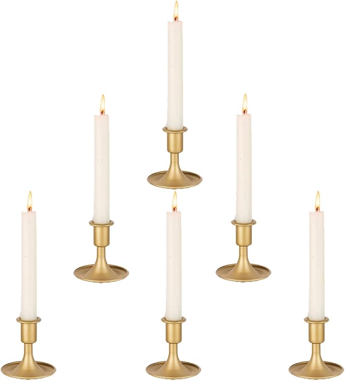 Candlestick Holders Taper Candle Holder 6Pcs Brass Gold Metal Vintage Short Stick Holders Set for Home Dinning Table Wedding Centerpiece Holiday Party Chrismas Mantel Holiday Dinner Base Widening