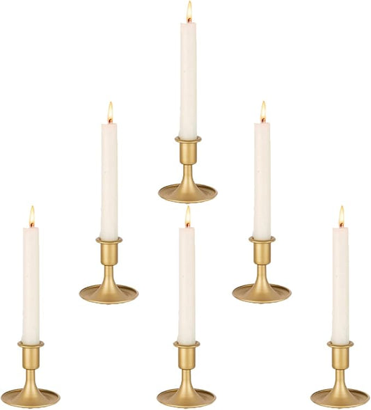 Candlestick Holders Taper Candle Holder 6Pcs Brass Gold Metal Vintage Short Stick Holders Set for Home Dinning Table Wedding Centerpiece Holiday Party Chrismas Mantel Holiday Dinner Base Widening