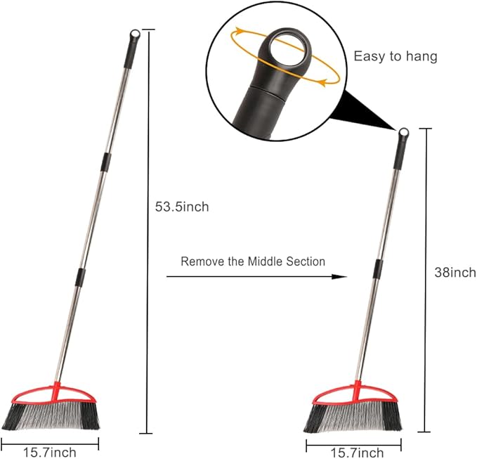 Outdoor Heavy Duty Broom, 15.7" All-Terrain Sweeper Featuring a Wide Angle Broom Design, Long Handle & Powerful Stiff Bristles for Patio, Garden, Garage, Yard (Red)