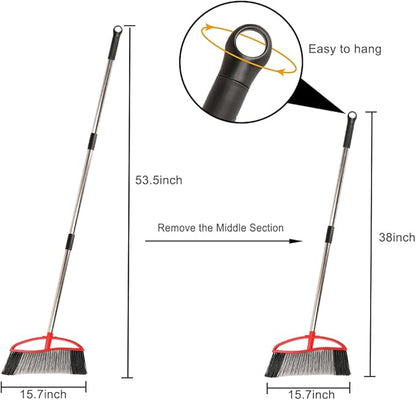 Outdoor Heavy Duty Broom, 15.7" All-Terrain Sweeper Featuring a Wide Angle Broom Design, Long Handle & Powerful Stiff Bristles for Patio, Garden, Garage, Yard (Red)