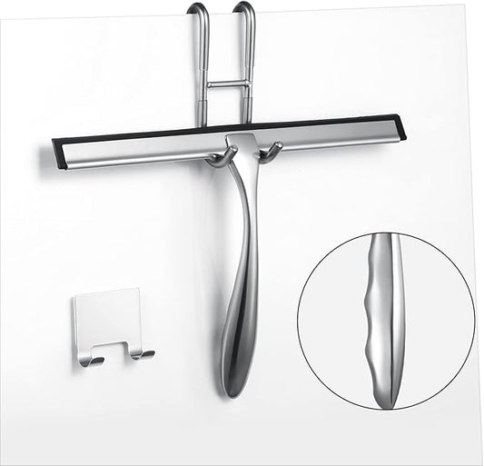 Shower Squeegee for Glass Doors,10-Inch Shower Glass Squeegee, Sliver Shower Squeegee for Shower Doors,Mirror,Windows, with Shower Door Hook and Adhesive Hook