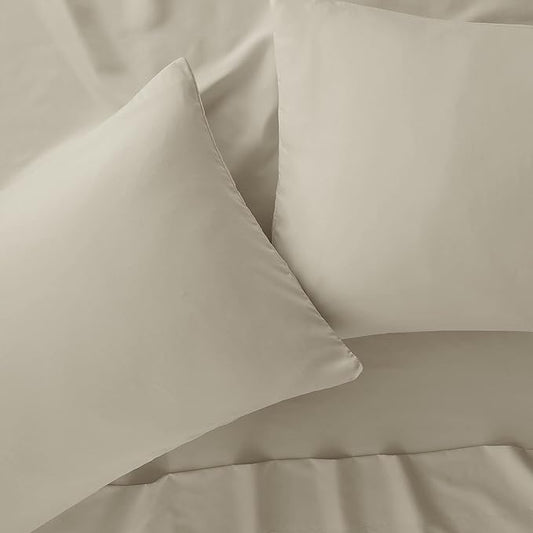 Serta Simply Clean Super Soft Hypoallergenic Stain Resistant Deep Pocket 4 Pieces Solid Bed Sheet Set, Full, Khaki