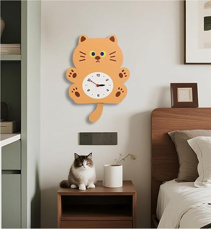 FASHION in THE CITY Adorable Cat Themed Swing Wall Clock - Silent Non-Ticking Pendulum Clock, Easy to Read Analog Clock for Cat Lovers, Nursery, Kitchen, Cute Home Decor Gift (YBZ001-Yellow)