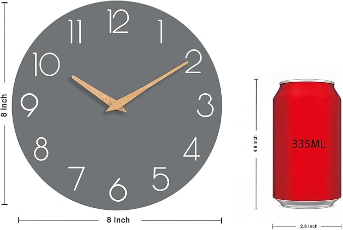 Wall Clock, Gray Silent Non-Ticking, Decorative Battery Operated Wall Clocks for Bedroom, Kitchen, Home, Office, School, Hotel (8 Inch)