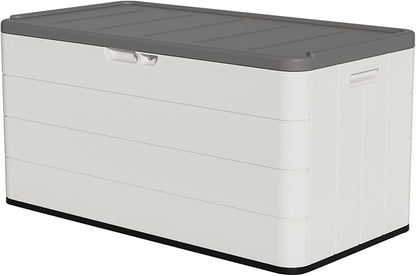 100 Gallon Plus Resin Deck Box, Waterproof Outdoor Storage Bin for Patio Furniture, Pool Accessories, and Garden Tools, Lockable & UV-Resistant, White