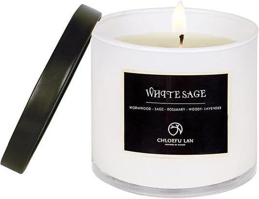 Chloefu LAN White Sage Candle for House Energy Cleansing and Chakra Healing-Relaxing Soy Scented Candles Gift for Women 7.1oz|45 Hour Long Lasting Glass Jar Candle Stress Relief