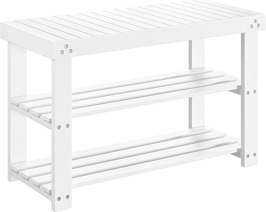 Pipishell Bamboo Shoe Rack Bench, 3-Tier Sturdy Shoe Organizer, Storage Shoe Bench, Holds up to 300lbs for Entryway Bedroom Living Room Balcony (White)