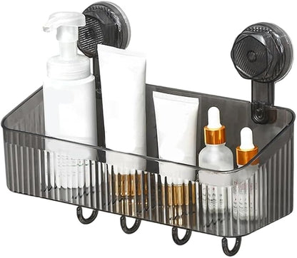No-Drill Bathroom Suction Storage Box, Corrugated Suction Cup Wall Organizer, Removable Hanging Storage Basket with Strong Hold, Acrylic Shower Caddy for Bathroom (Grey M)