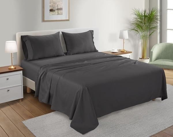 100% Organic Cotton Twin XL Sheets Set, 300TC Sateen Weave 3PC Twin XL Bed Sheets, Elasticated Sheet & Pillowcase Sets, Soft & Comfy No lint Machine Washable Grey Sheet, Fade Resistant- Charcoal