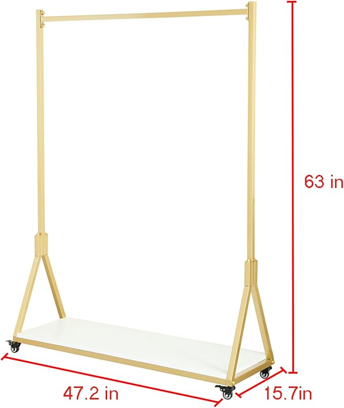 Modern Simple Heavy Duty Metal and Wood Rolling Clothing Garment Rack with Wheel,Creative Commercial Wedding Dress Display Shelf,Floor-Standing Clothes Hangers (Gold with Wood, 47.2" L)