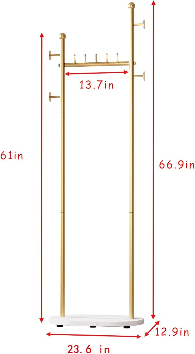 Gold Clothing Rack With Shelves, Gold Coat Rack Freestanding with Marble Base, Coat Hanger Hat Tree Standing Clothes Racks for Boutique, Bedroom