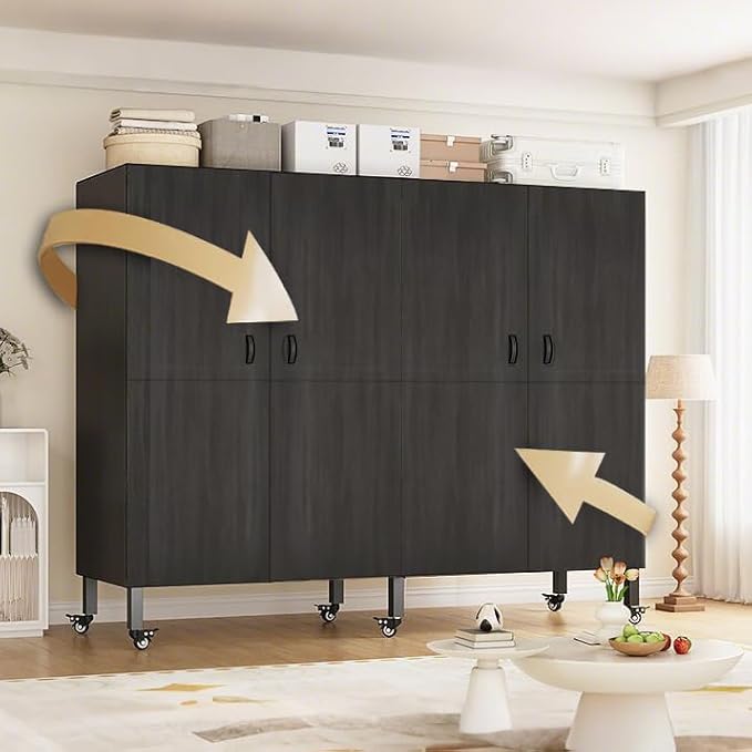 Heavy Duty Clothes Rack with Magnetic Door, Metal Foldable Covered Clothes Rack, Portable Wardrobe Closet System for Hanging Clothes, Rolling Garment Racks for Bedroom (Agarwood Doors, 74.8in)