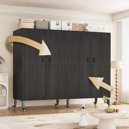 Heavy Duty Clothes Rack with Magnetic Door, Metal Foldable Covered Clothes Rack, Portable Wardrobe Closet System for Hanging Clothes, Rolling Garment Racks for Bedroom (Agarwood Doors, 70.8in)
