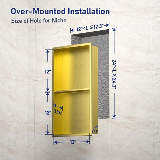 Stainless Steel Shower Niche 24" X 12" Gold No Tile Needed Wall Niche Double Shelves Recessed Shower Shelf for Bathroom Storage Over Mount Installation