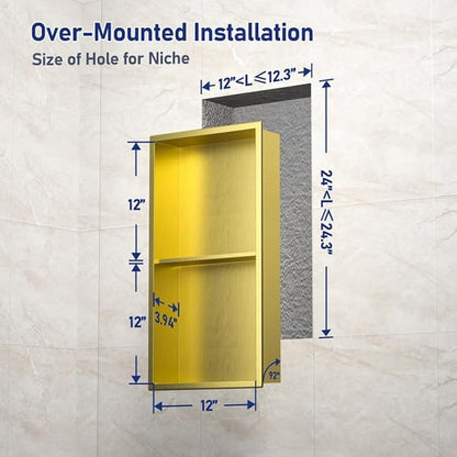 Stainless Steel Shower Niche 24" X 12" Gold No Tile Needed Wall Niche Double Shelves Recessed Shower Shelf for Bathroom Storage Over Mount Installation