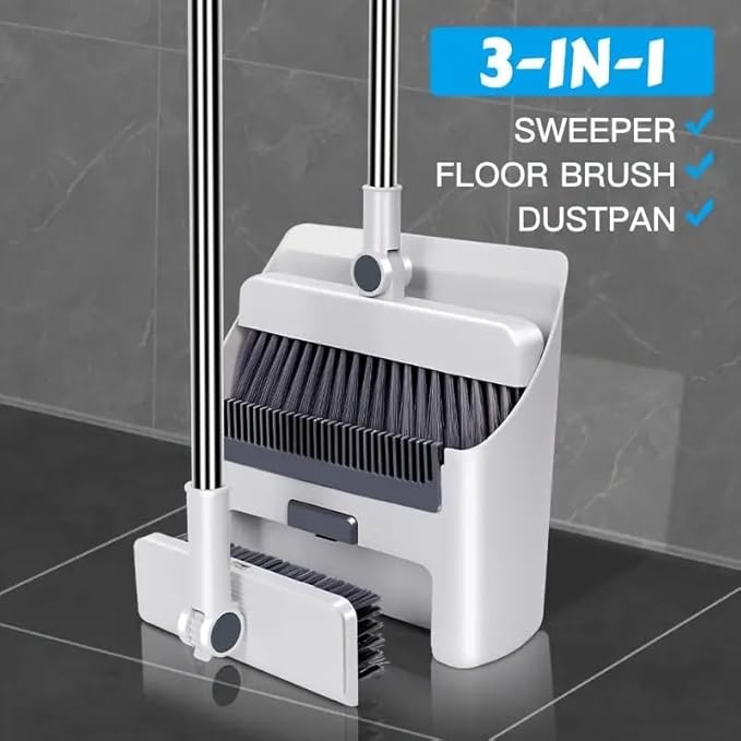Broom with Dustpan Combo Set, 3 in 1 for Sweeping Indoor and Push Broom Outdoor with Dust Pan, 14.2 to 48.8 inch Adjustable Long Handle Broom and Dustpan Set (White)