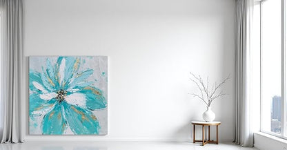 Yihui Arts Hand Embellished Floral Canvas Wall Art with Textured Details & Gold Foil Accents, Modern Teal Flower Painting for Home Decor