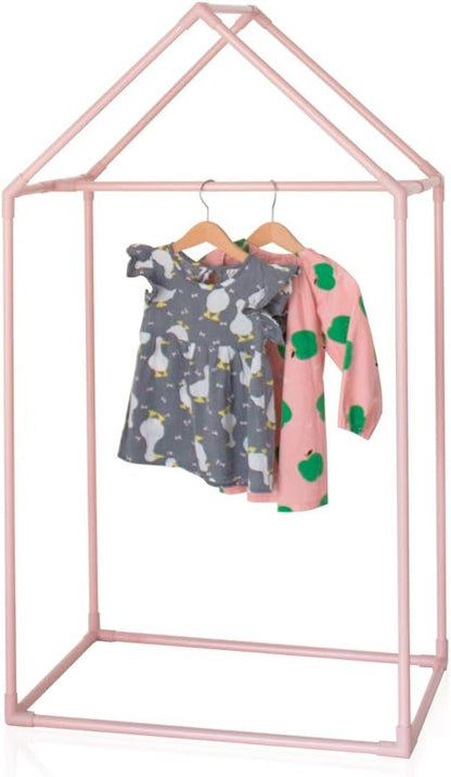 PETITE MAISON Kids Closet - Dress up Clothing Garmet Rack, Hanging Costume Organizer with Cute House Frame, Handmade Premium Quality, 25" x 17" x 47", Aluminium Super-Light, Medium Pink