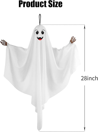 4PCS Hanging Ghosts Halloween Decorations With Skeleton Hands, Spooky & Cute Expression for Front Porch and Tree