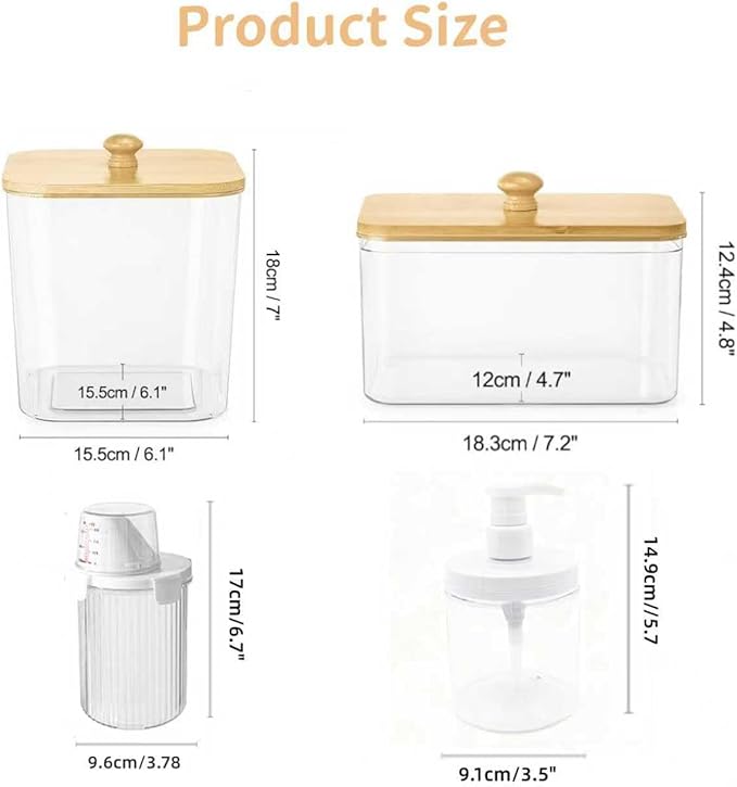 6-Piece Laundry Pod Storage Set. Transparent laundry storage container with bamboo lid and label, ideal for storing fabric softener, liquid detergent, laundry pods, and fragrance boosters.