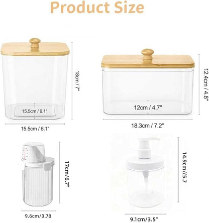 6-Piece Laundry Pod Storage Set. Transparent laundry storage container with bamboo lid and label, ideal for storing fabric softener, liquid detergent, laundry pods, and fragrance boosters.