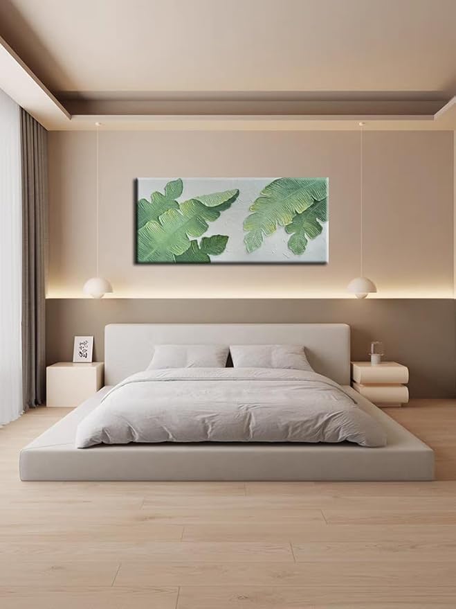 YaSheng Art- Modern minimalist 3D textured wall art Oil Paintings on Canvas Green plant paintings handmade Abstract artwork painting canvas wall art for bedroom Home Wall Art Deco Oil Painting 24x48inch