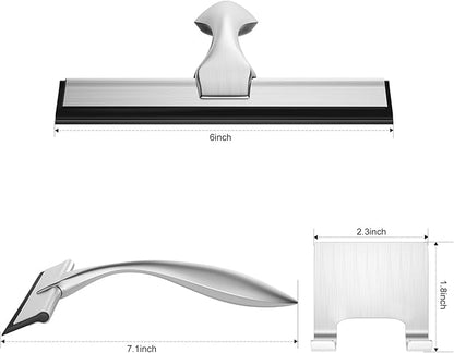 peafowl Shower Squeegee Stainless Steel Bath Squeegee for Shower Glass Doors Bathroom Windows Kitchen Mirror and Car Glass with Hooks Holder (Brushed Silver, 6 inch-2Pack)