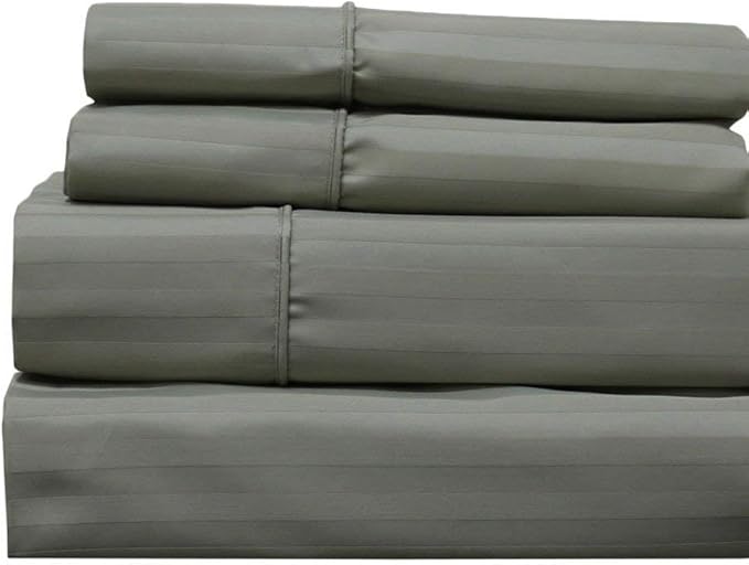 Royal Hotel Bedding 620-Thread-Count Sheet Set, Wrinkle-Free Cotton-Blend Sheets, Sateen Striped, Extra-Deep-Pocket, King Size, Sage