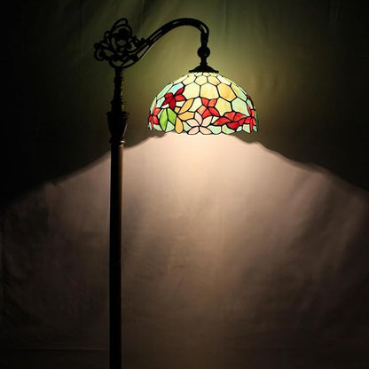 Tiffany Floor Lamp Stained Glass Lamp 18.88X12X67 Inch Angle Adjustable Arched Gooseneck Antique Reading Light (Red Green Flowers)