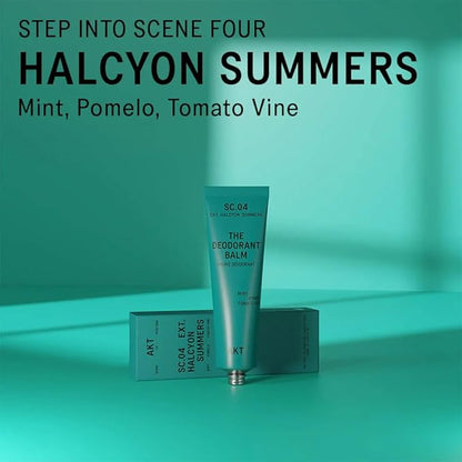 AKT, THE DEODORANT BALM. Award winning, multi-use, natural deodorant. Plastic Free. Gender Free. Aluminium Free. 100% effective — 1 tube lasts up to 3 months. SC.04 HALCYON SUMMERS. 50ml/1.76 FL.OZ