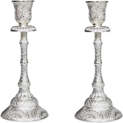 Silver Shabbat Candle Holder with Deluxe Engraved Design, Premium Silver Candlestick as Judaica Gift